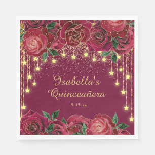 Serviette En Papier Rose Rouge Lumière de Corde en Or Étoiles Quinceañ