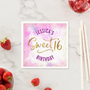 Serviette En Papier Rose Sweet 16 Aquarelle Or Glam Girly Anniversaire
