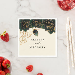 Serviette En Papier Roses Aquarelle Vert Et Mariage Or