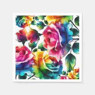 Serviette En Papier Roses arc-en-ciel Mariage Floral Vibrant Noir & Bl