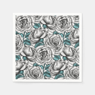 Serviette En Papier Roses blanches avec feuilles bleus