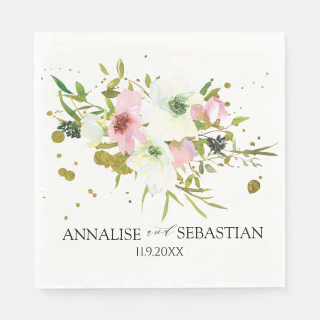 Serviette En Papier Roses blanches et blanches avec éclaboussures d'or (Devant)