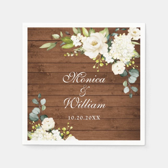 Serviette En Papier Roses blanches ivoire Verdure Bois rustique Mariag (Devant)