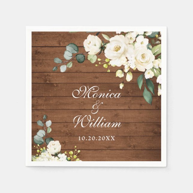 Serviette En Papier Roses blanches ivoire Verdure Bois rustique Mariag (Devant)