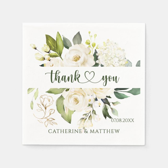 Serviette En Papier Roses blanches Merci vert (Devant)