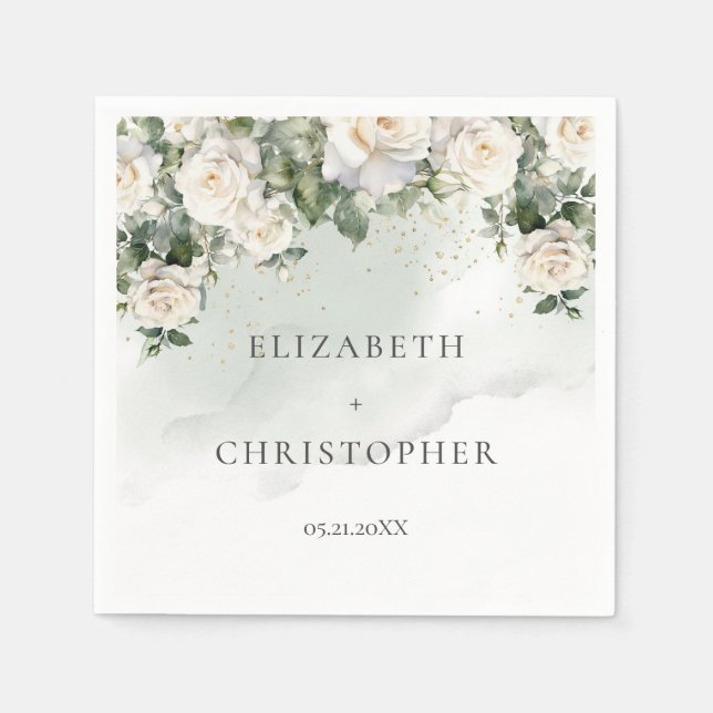 Serviette En Papier Roses blanches romantiques Eucalyptus mariage de v (Devant)