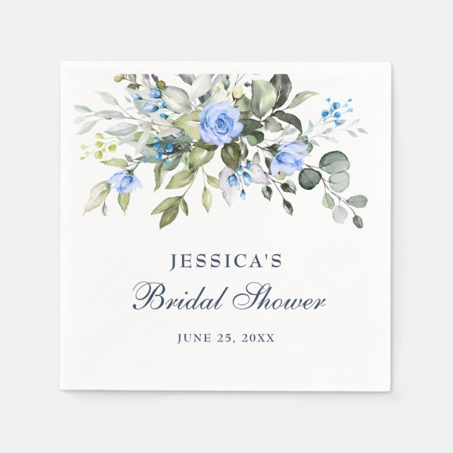 Serviette En Papier Roses Bleues d'Eucalyptus Élégant Fleurs Mariage (Devant)