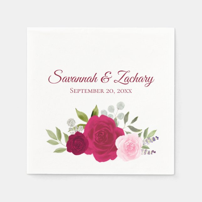 Serviette En Papier Roses Boho Chic  Magenta & Rose Aquarelle Mariage (Devant)