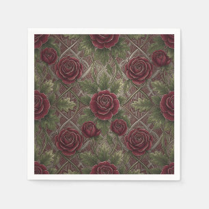 Serviette En Papier Roses bordeaux rouge profond sur treillis orné ver