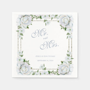 Serviette En Papier Roses Chic & Bordure Argentée Fleurs Mariage