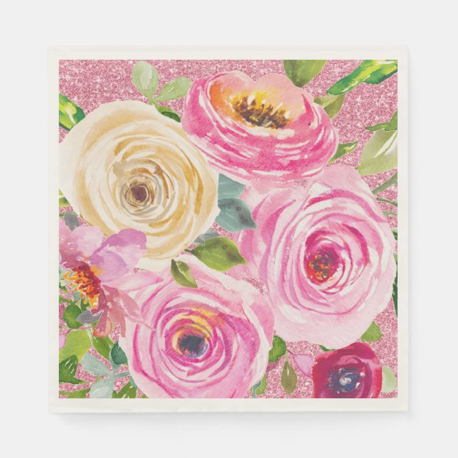 Serviette En Papier Roses d'aquarelle en Parties scintillant rose et c (Devant)