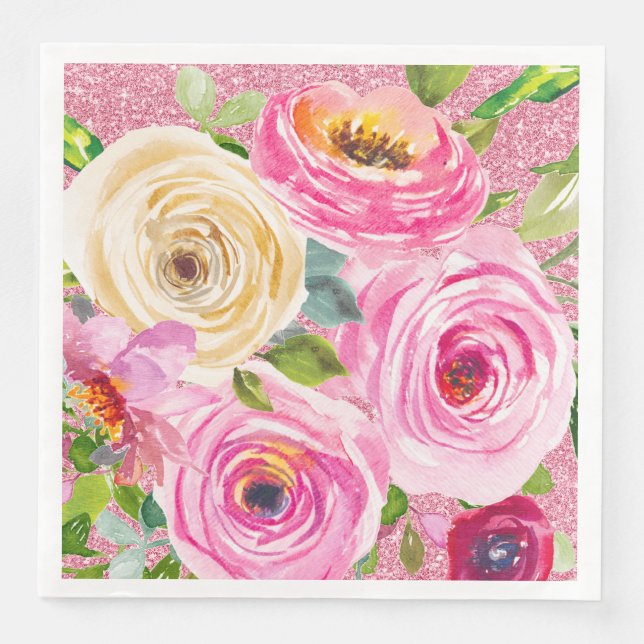 Serviette En Papier Roses d'aquarelle en Parties scintillant rose et c (Devant)