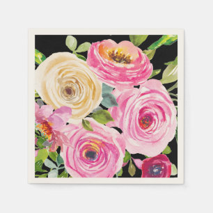 Serviette En Papier Roses d'aquarelle en rose et crème sur noir