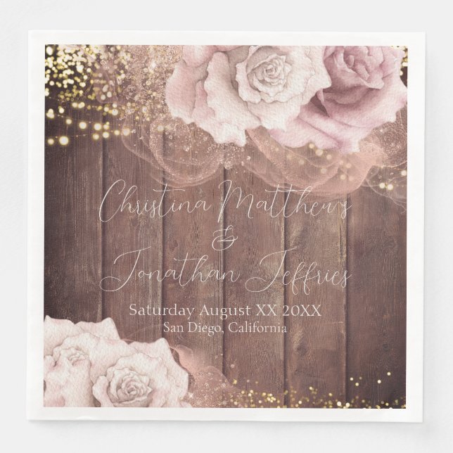 Serviette En Papier Roses d'aquarelle romantique sur Mariage de bois r (Devant)