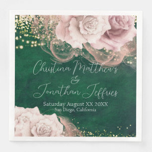 Serviette En Papier Roses d'aquarelle romantique sur Mariage vert émer