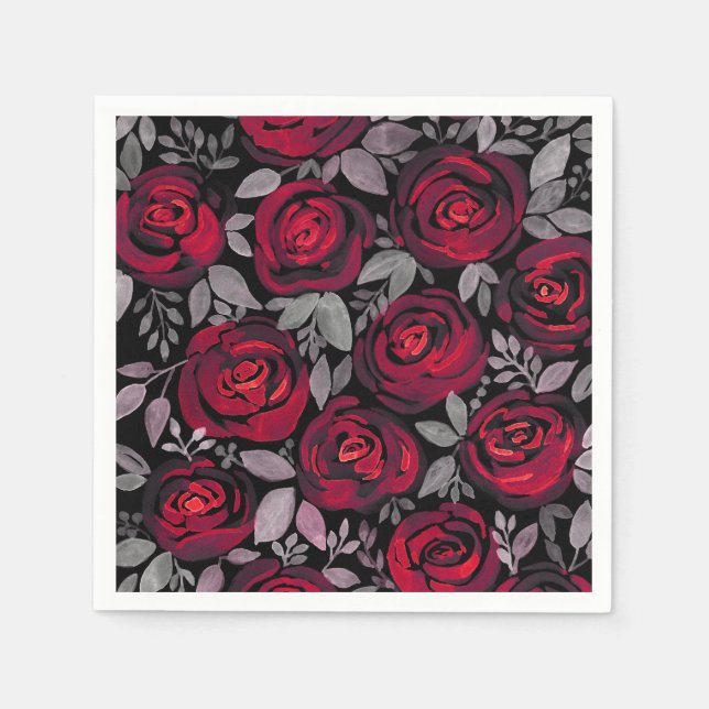 Serviette En Papier Roses d'aquarelle, roses rouges sur noir (Devant)