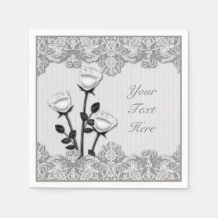 Serviette En Papier Roses de satin et serviettes blancs de dentelle