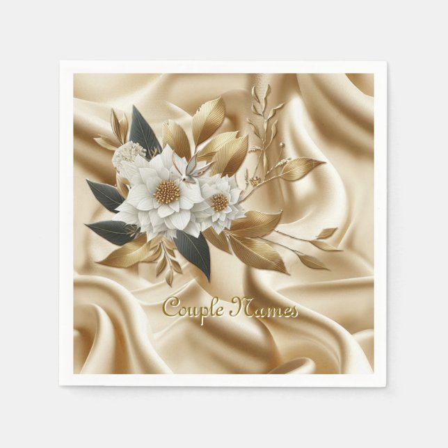 Serviette En Papier Roses d'or blanc, soie de champagne et papillons (Devant)