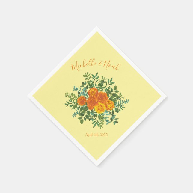 Serviette En Papier Roses floraux de Mariage orange jaune (Coin)
