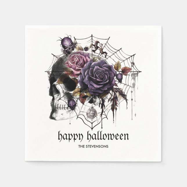 Serviette En Papier Roses gothiques simples et crâne fête d'Halloween (Devant)