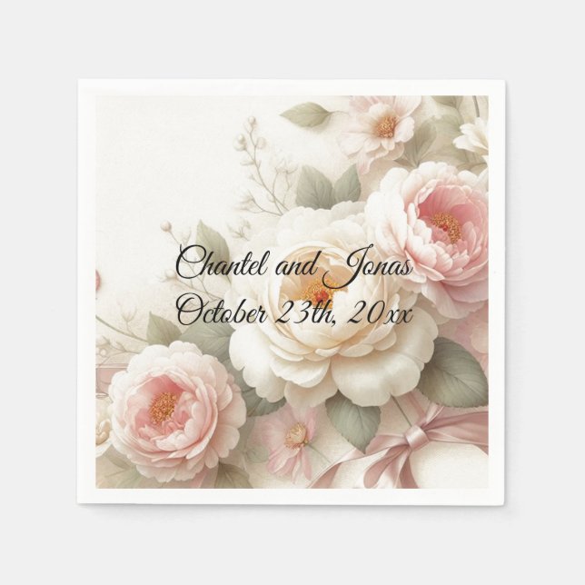 Serviette En Papier Roses rose et crème Peony Mariage Papier Napkins (Devant)