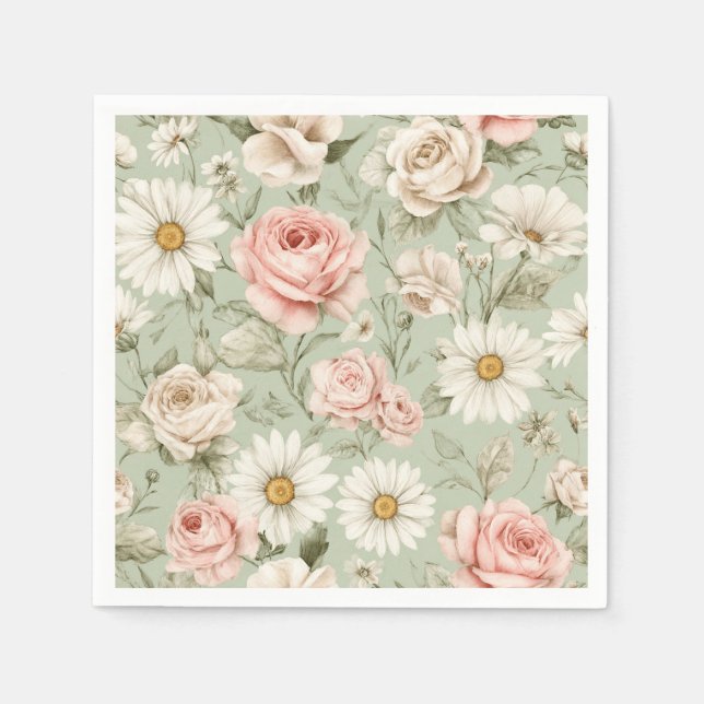 Serviette En Papier Roses Roses Blanches Fleurs  (Devant)