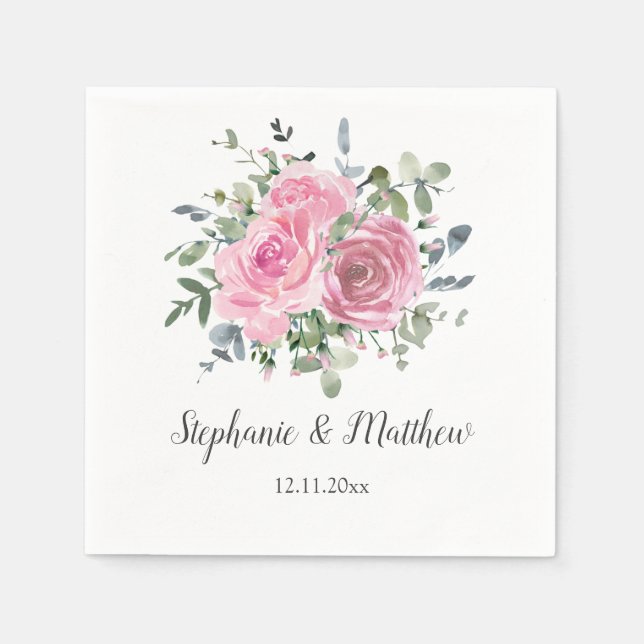 Serviette En Papier Roses roses roses Dusty Eucalyptus Mariage botaniq (Devant)