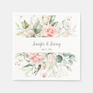 Serviette En Papier Roses roses roses Or Feuilles Eucalyptus Vert