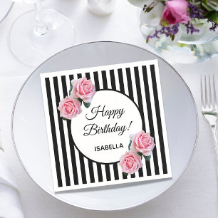 Serviette En Papier Roses roses sur rayures blanches noires Joyeux ann