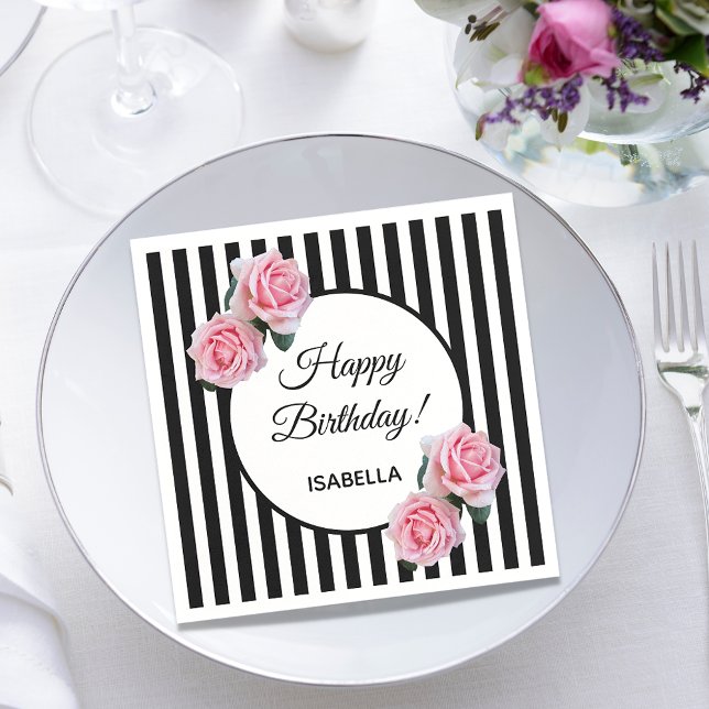 Serviette En Papier Roses roses sur rayures blanches noires Joyeux ann (Créateur téléchargé)