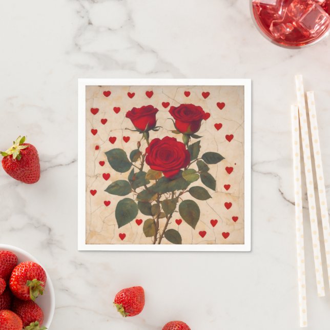 Serviette En Papier Roses rouges aux Coeurs rouges Romantique (En situation)