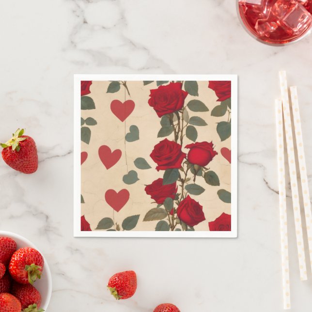 Serviette En Papier Roses rouges avec Coeurs Motif romantique (En situation)