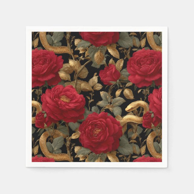 Serviette En Papier Roses rouges et serpents d'or Motif (Devant)