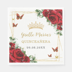 Serviette En Papier Roses Rouges Floral Papillons Dorés Quinceañera