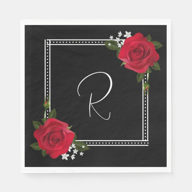 Serviette En Papier Roses rouges sur Mariage noir (Devant)