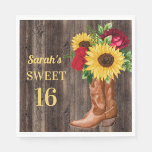 Serviette En Papier Roses Rouges Tournesols Bottes de Cowboy Sweet 16