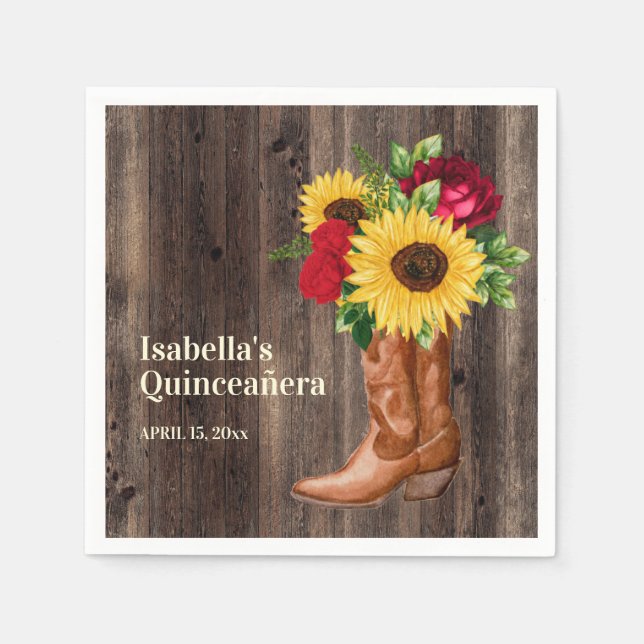 Serviette En Papier Roses Rouges Tournesols Tournesol Bottes de fille  (Devant)