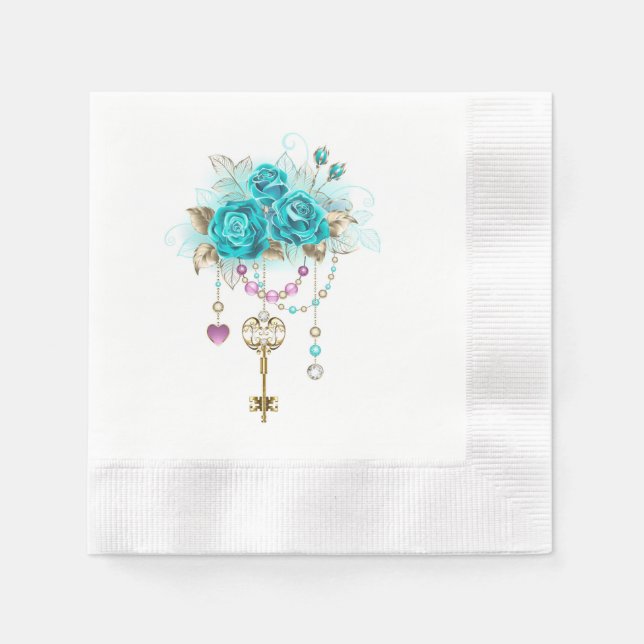 Serviette En Papier Roses turquoise avec touches (Devant)