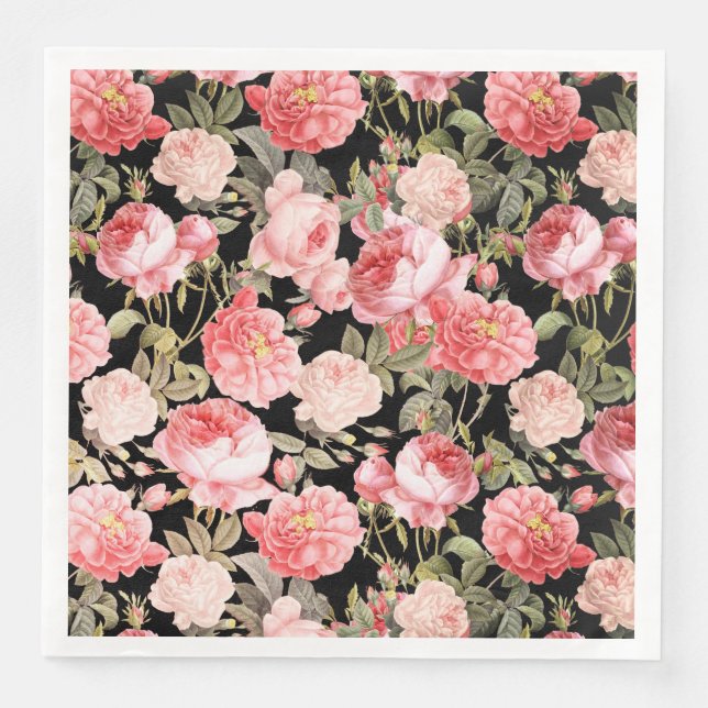 Serviette En Papier Roses victoriens roses sur Motif noir (Devant)