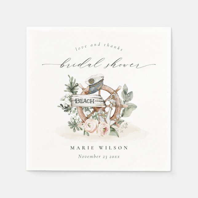 Serviette En Papier Roue d'ancre nautique feuillage floral mariage (Devant)