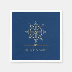 Serviette En Papier Roue de bateau en or nautique, Bleu marine