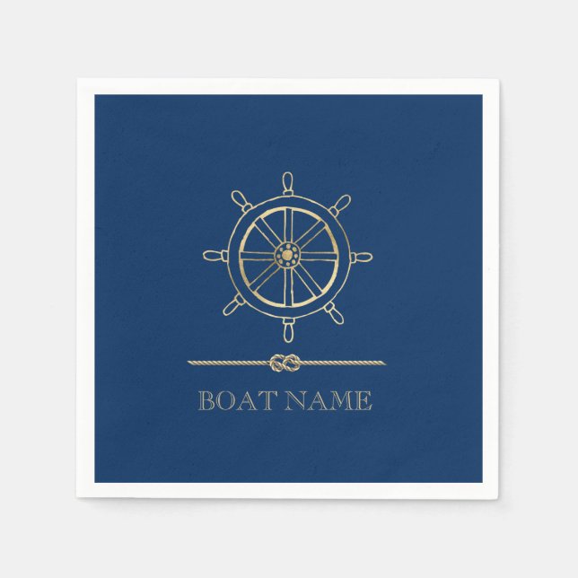 Serviette En Papier Roue de bateau en or nautique, Bleu marine (Devant)