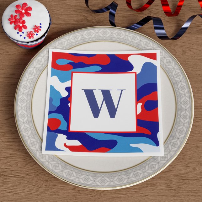 Serviette En Papier Rouge Blanc Bleu Camo Monogrammes (Here's some camouflage paper napkins just for you in the colors of red, white and blue.)