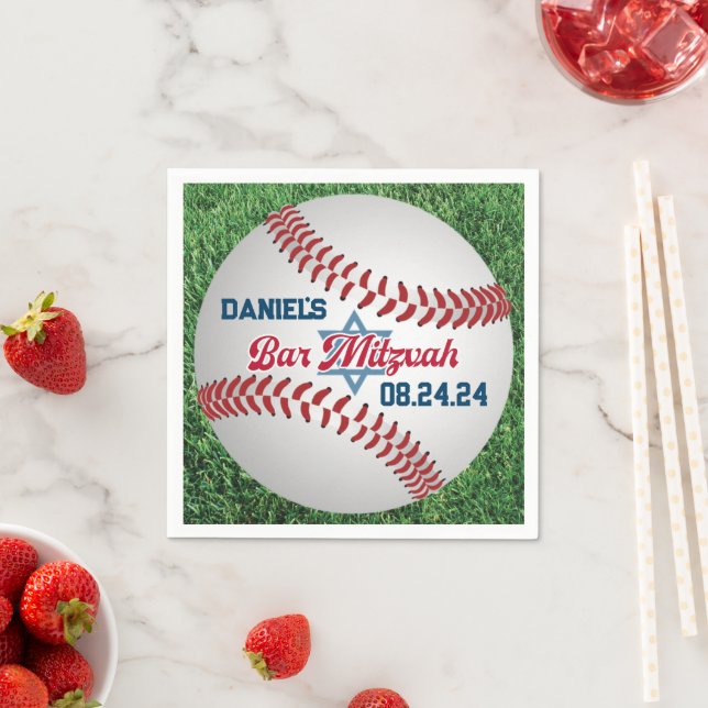 Serviette En Papier Rouge, Blanc, Marine Baseball Bar Mitzvah Napkins  (En situation)