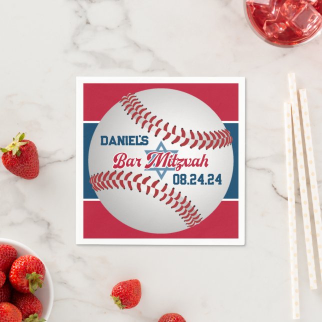 Serviette En Papier Rouge, Blanc, Navy Baseball Bar Mitzvah (En situation)