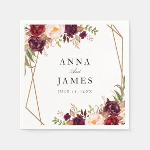 Serviette En Papier rouge bordeaux et floral roux géométrique