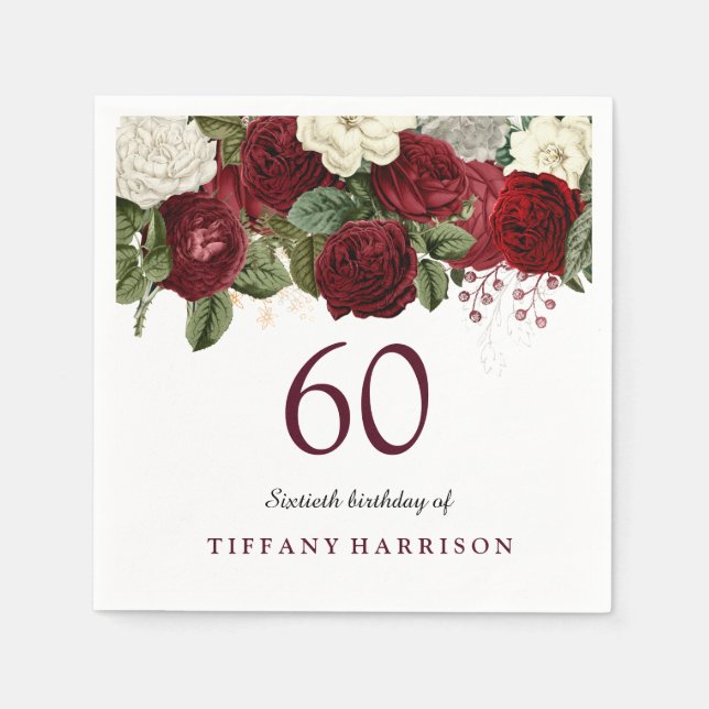 Serviette En Papier Rouge Bourgogne Rose blanche 60e fête d'anniversai (Devant)