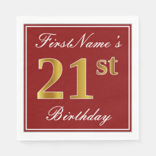 Serviette En Papier Rouge élégant, Faux Gold 21e anniversaire + Nom pe