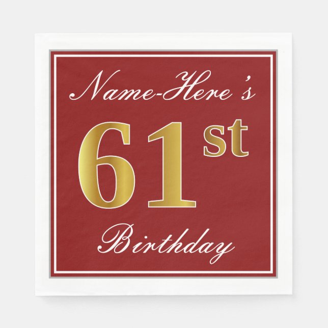 Serviette En Papier Rouge élégant, Faux Gold 61e anniversaire + Nom pe (Devant)