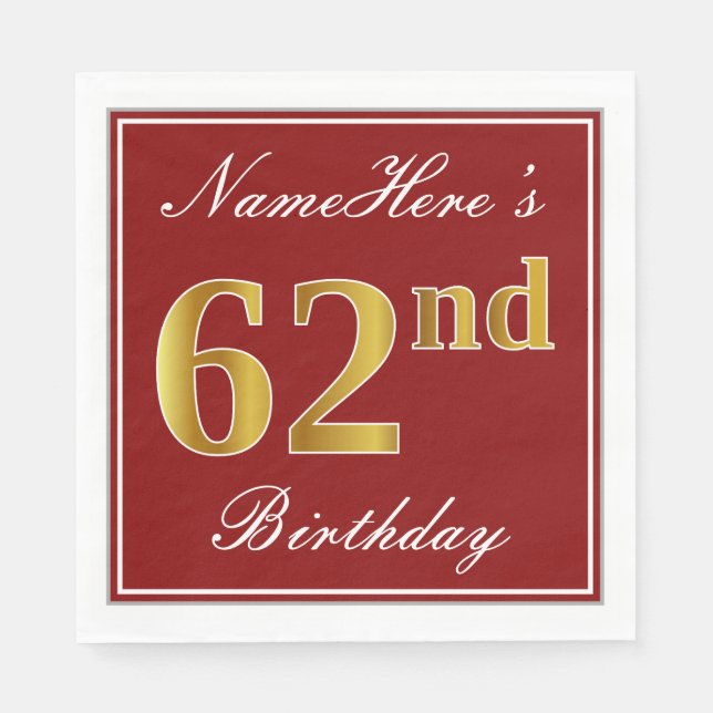 Serviette En Papier Rouge élégant, Faux Gold 62e anniversaire + Nom pe (Devant)